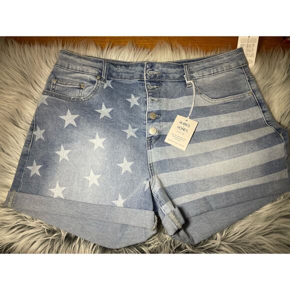 Rubies and Honey Star Spangled cuffed womens high waisted  jean shorts size XL - Picture 1 of 4